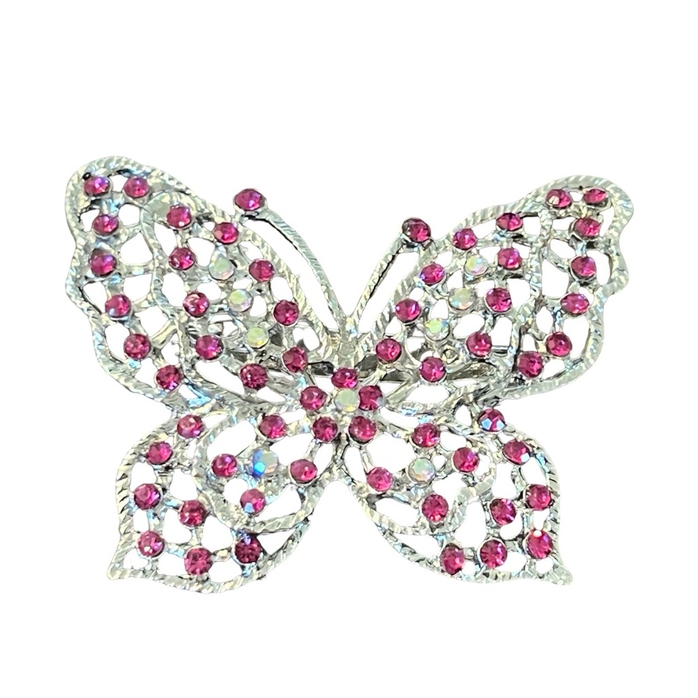 Silver-Tone Pink Crystal Butterfly Brooch